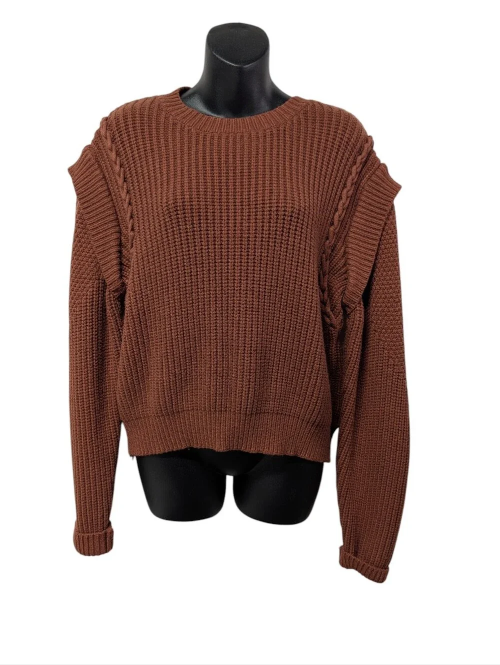 Willow + Root Womens Rust Cable Detail Waffle Knit Flatter Shoulder Sweater  L